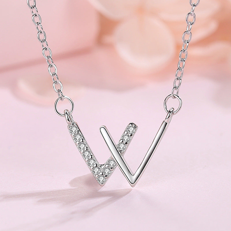 Letter W Necklace For Women Girls Stainless Steel Cubic Zirconia Clavicle Chain Necklaces Luxury Crystal Jewerly collier femme